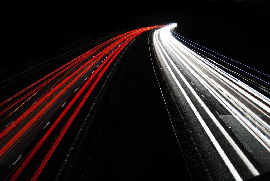 cars, motorway, red and white light